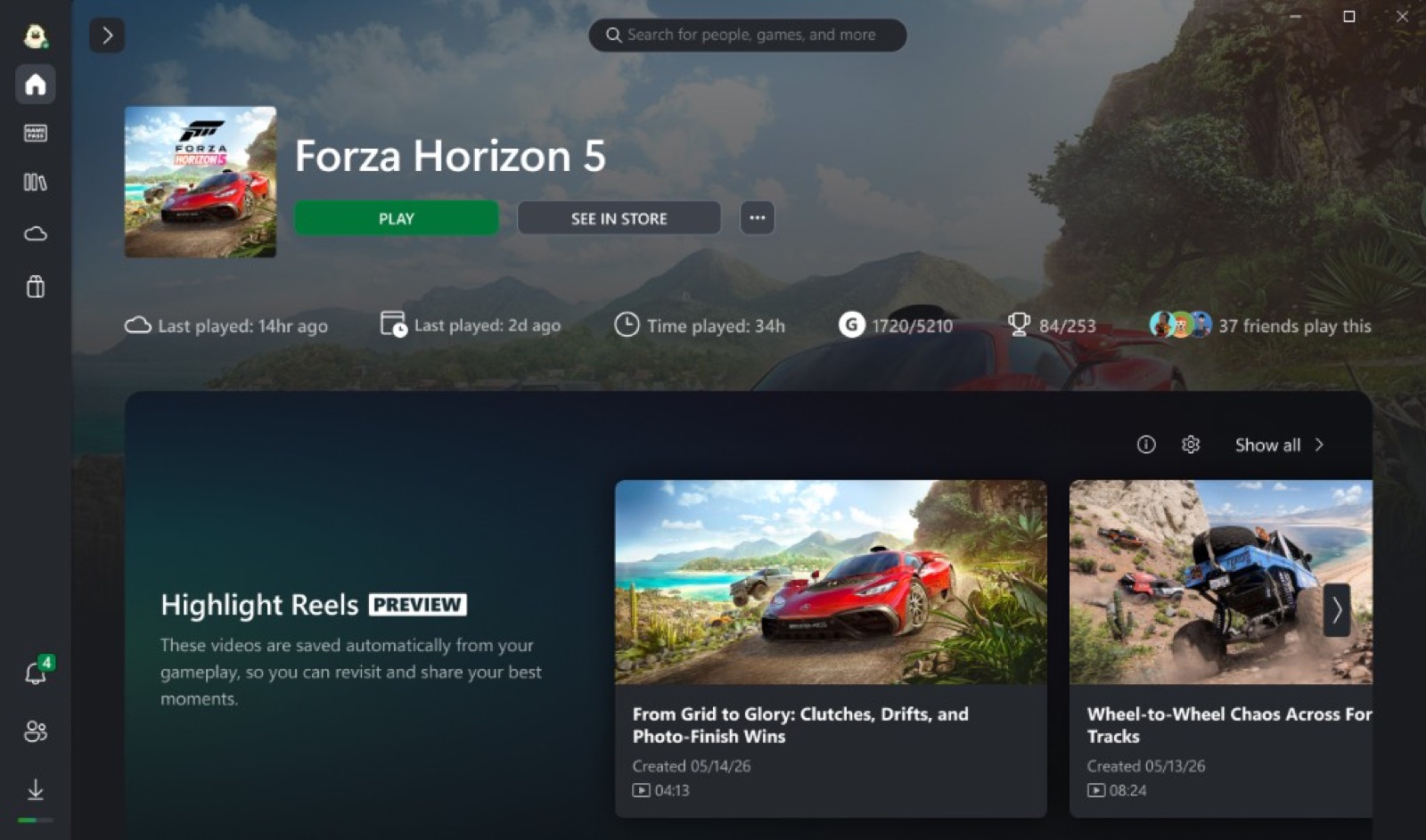 Highlight Reels module on a Forza Horizon 5 game page in the Xbox PC app